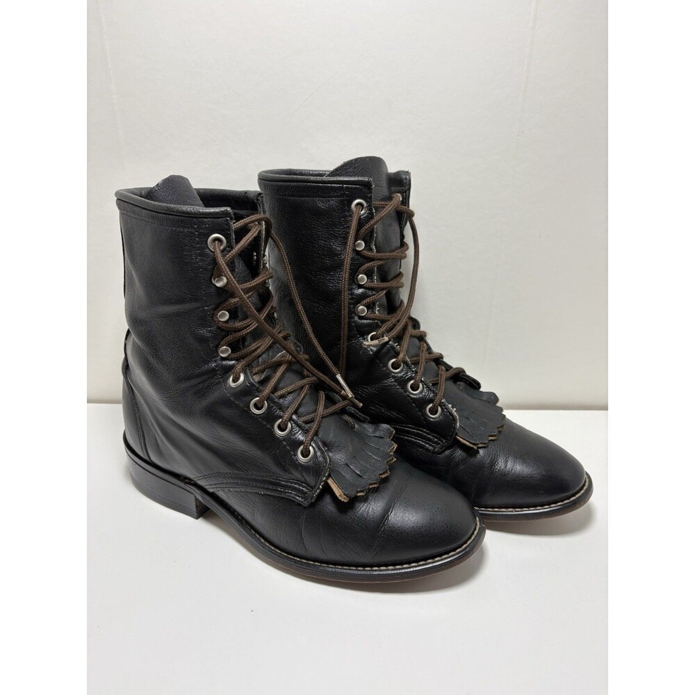 Vintage Laredo Women's US 6.5M Black Leather Lace-Up Kiltie Roper Western Boots